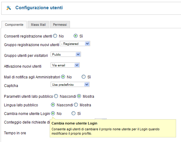 Consenti o impedisci il cambio di nome utente in Joomla 2.5.5