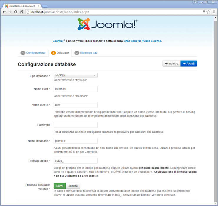 Configurazione dati di accesso al database Joomla Configurazione dati di accesso al database Joomla