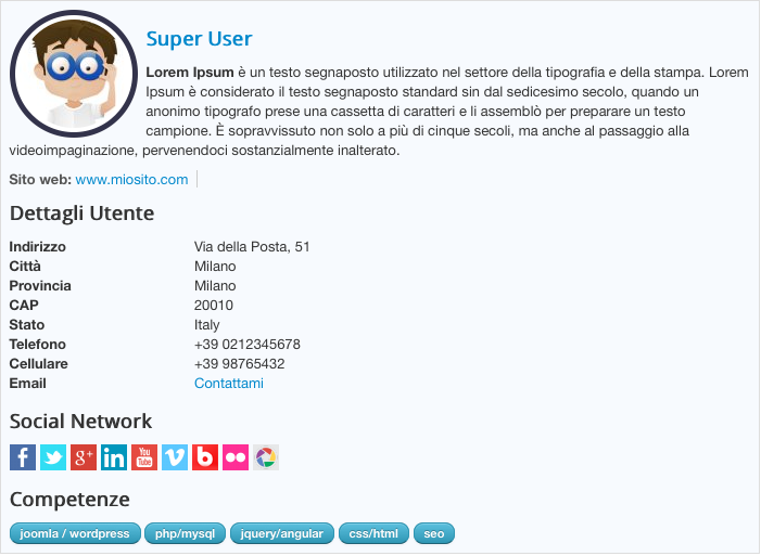 Esempio riquadro autore K2 con dettagli utente e social network Esempio riquadro autore K2 con dettagli utente e social network