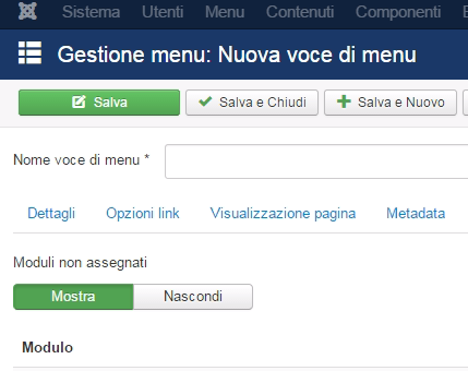 Gestione voce di menu in joomla
