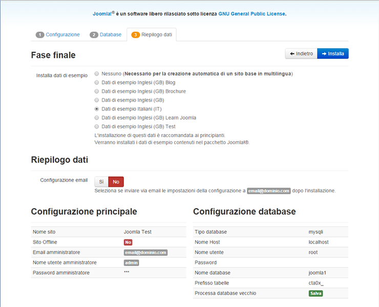 Installazione dati esempio Joomla Installazione dati esempio Joomla
