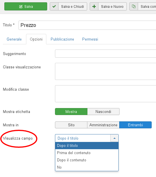Parametro Visualizza campo