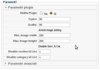 Parametri del plugin per Joomla! Image Sized