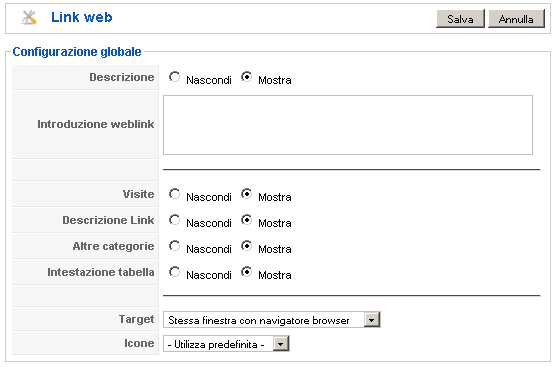 Configurazione globale web link