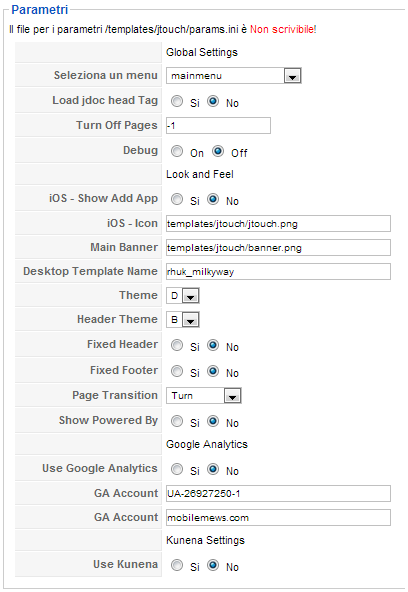 Paramentri per configurare JtouchMobile per Joomla 1.5 Paramentri per configurare JtouchMobile per Joomla 1.5