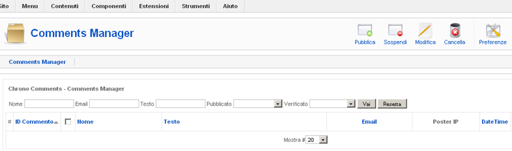 Il pannello di amministrazione di ChronoComments Il pannello di amministrazione di ChronoComments