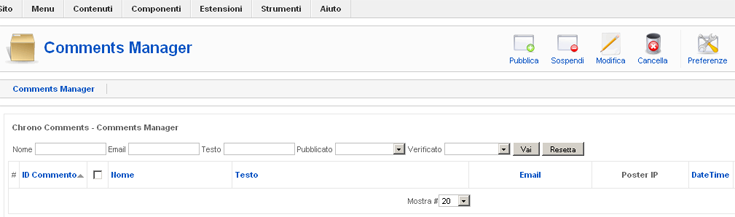 Il pannello di amministrazione di ChronoComments