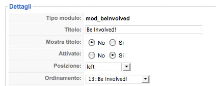 Settaggi dettagli Be Involved Settaggi dettagli Be Involved